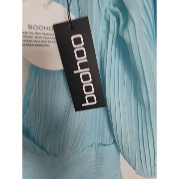 Boohoo Dress Sz 6 Pastel Blue Cinched Waist Puffy Sleeves Lined Polyester NWT - Picture 4 of 13
